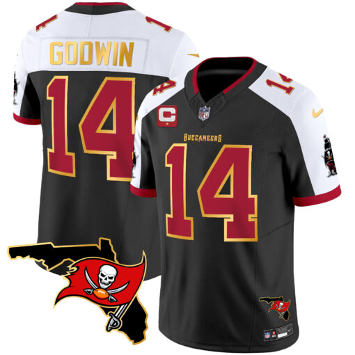 Men's Tampa Bay Buccaneers #14 Chris Godwin Black/White With Florida Patch Gold Trim Vapor Football Stitched Jersey